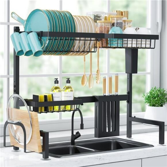 Over The Sink Dish Drying Rack Large Stainless Steel Kitchen Organizer Black - Picture 1 of 7